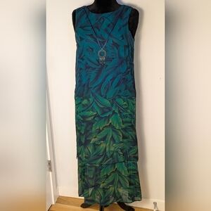 Cascais Vintage 90s Tropical Palm Print Layered Maxi Dress Teal Green Sz 8 Rayon